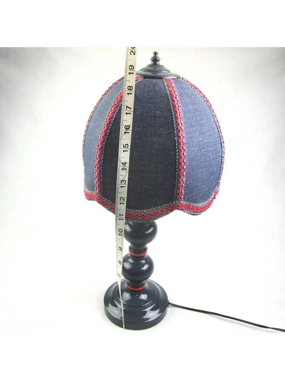 Vintage Country Table Lamp Blue & Red Denim Dome Clip On Shade Pillar WORKS